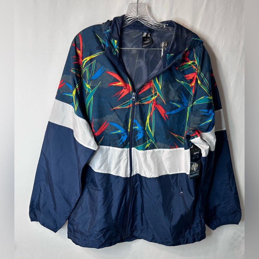 NWT Russell Athletic Men's Windbreaker Hood Jacket. Full zipper White Blue XL